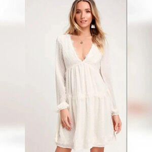 Lulu's Wistful Moment White Swiss Dot Long Sleeve Dress